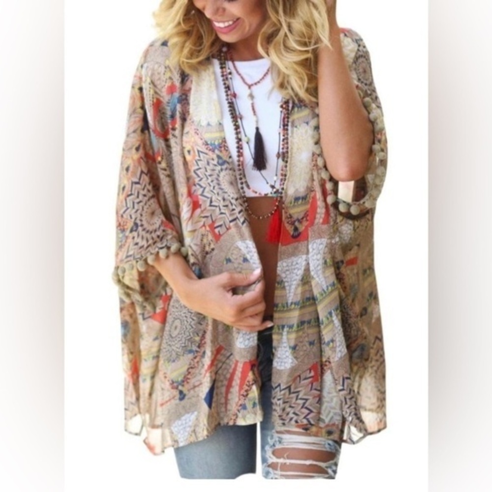 🎉HOST PICK🎉Umgee + USA kimono w/ colourful pattern & little Pom poms on sleeve
